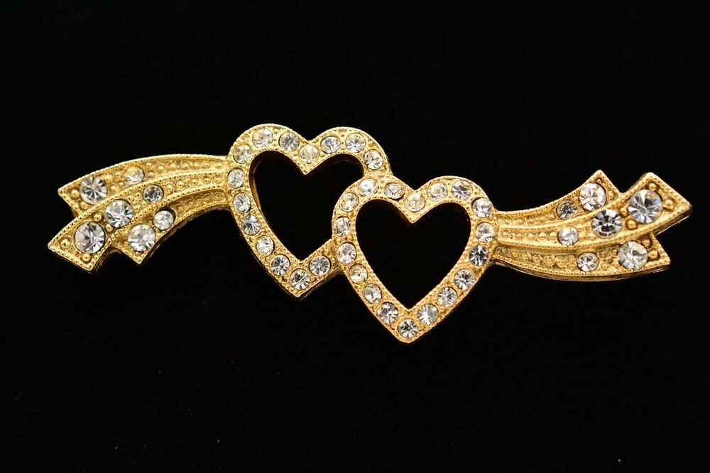 1928 Vintage Valentine Heart Pin Brooch Rhinestone Crystal Linked Gold 80s BinAC